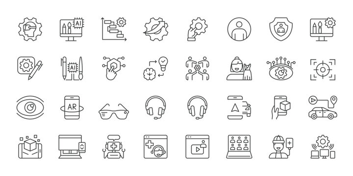 AR Technology icons in line design. augmented reality, ar, virtual, technology, digital, interface, headset on white background vector. AR Technology editable stroke icon