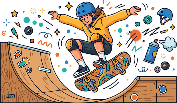 Female Skater Jumping on Half-pipe Ramp with Doodle Elements Vector