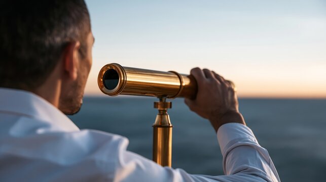 Businessman looking through brass telescope toward horizon, visualizing future opportunities, success, and strategic business planning at sunset