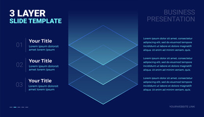 3 layer stack futuristic tech diagram template with space for your text - modern business technology slide infographic template for corporate presentations - dark blue background vector © forestgraphic