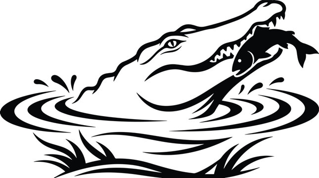 Black and white illustration of an alligator eating a fish in the water