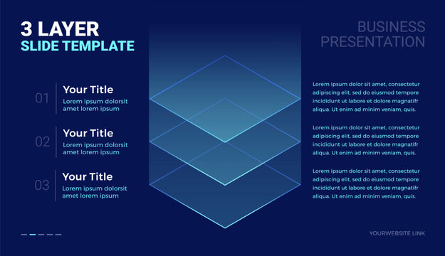 3 layer stack futuristic tech diagram template with space for your text - modern business technology slide infographic template for corporate presentations - dark blue background vector