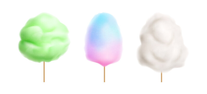 Candy floss collection with airy cloud formation. Vector isolated realistic festive sweet for amusement park and joyful events. Dessert elements with sticks for packaging and menu presentation