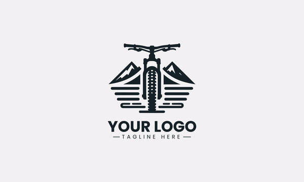 A front-facing mountain bike with mountain landscape is illustrated in minimalist black vector logo design