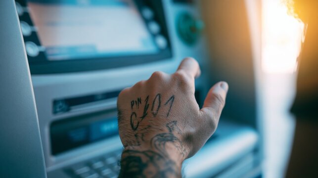 Human hand with handwritten PIN C401 code on knuckles by an ATM machine, showing financial insecurity and data vulnerability