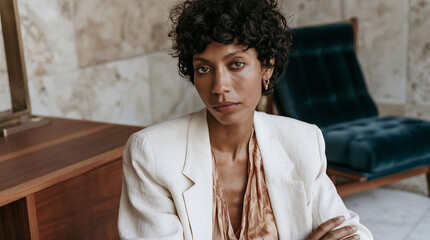 Fototapeta premium Elegant young woman with curly short hair looking at camera in a luxury interior. Confident female entrepreneur wearing a white blazer and gold earrings.