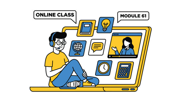 Student taking online class on laptop vector illustration