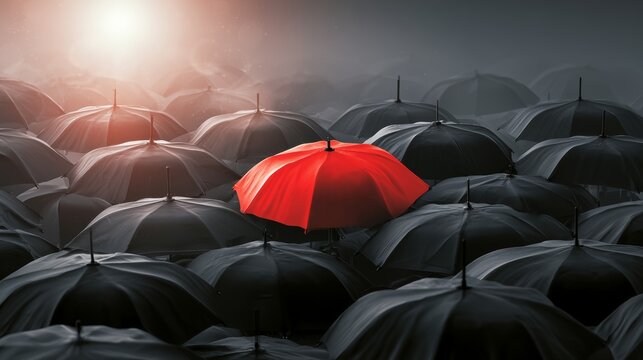 Red umbrella differentiating from a uniform crowd of black umbrellas during rainfall, symbolizing uniqueness and nonconformity
