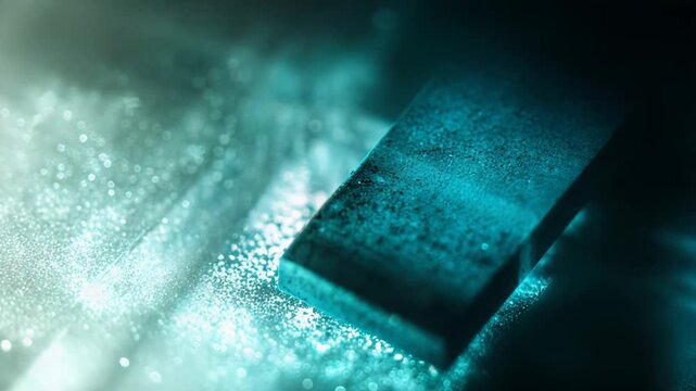 Cube like structure bathed in mystical teal and turquoise beams with sparkling bokeh and glittering particles, creating a futuristic, ethereal cosmic background texture
