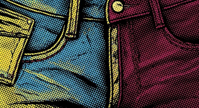Close up of denim jeans with colorful halftone effects