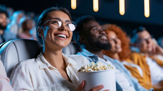 Group of diverse friends enjoying a movie at the cinema, watching and laughing together, eating popcorn
