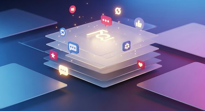 Abstract social media platform concept with floating icons and layers