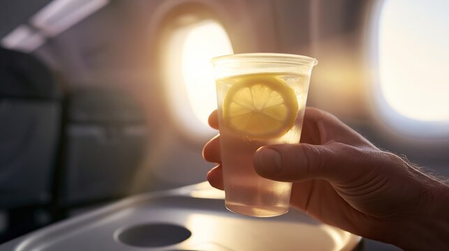 Hand holding refreshing water with lemon inside airplane cabin during a relaxing flight at sunset