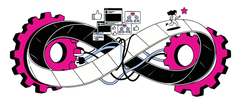 DevOps Infinity Loop Gear Illustration showing business woman running along process path to reach success star, featuring continuous integration automation icons, workflow symbols, and system synergy.