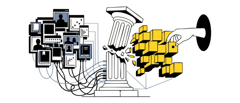 Legacy system modernization vector illustration showing a cracked pillar rebuilt with modular data blocks, cloud system integration, API connections, and data migration engineering web software system