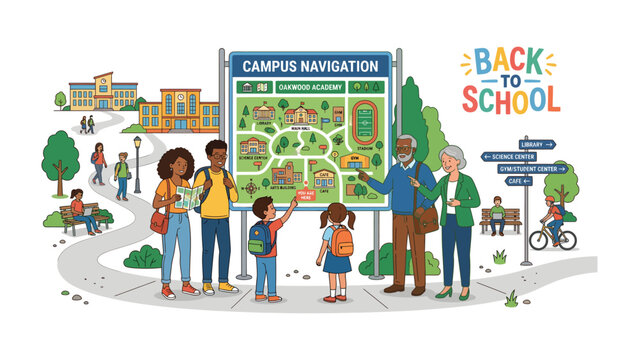 Campus Exploration: A vibrant illustration depicts students and faculty engaging with a campus navigation map, signaling the excitement of returning to school.