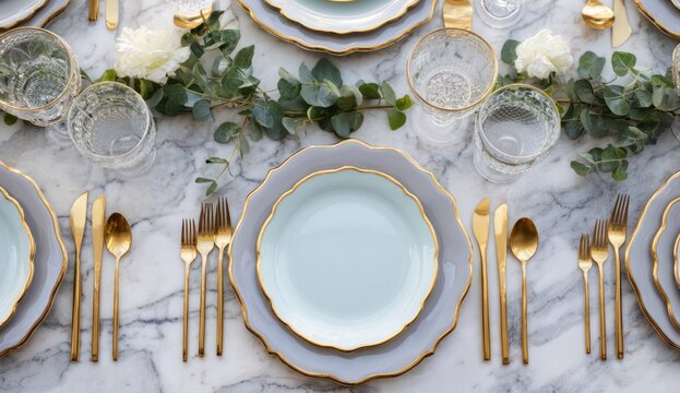 Elegant table setting featuring sophisticated porcelain plates with gold trim, complemented by polished gold cutlery and a luxurious marble surface backdrop