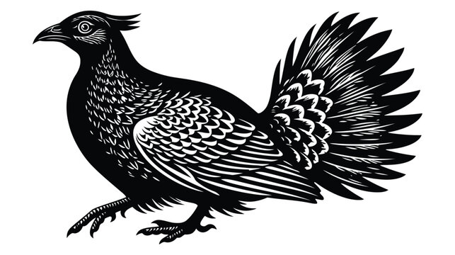 Detailed ink drawing of a wild bird with textured feathers and prominent tail