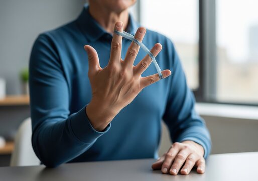 Finger extension band exercise shows hand mobility recovery dexterity training and occupational rehabilitation support concept for healthcare marketing and stock use daily