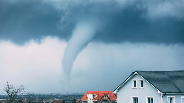 Tornado funnel cloud looming over residential houses under dark storm clouds, extreme weather event