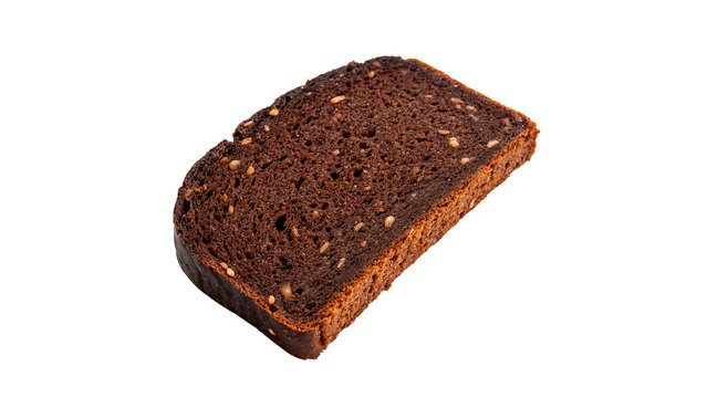 Single slice of fresh baked classic dark rye bread isolated on transparent background