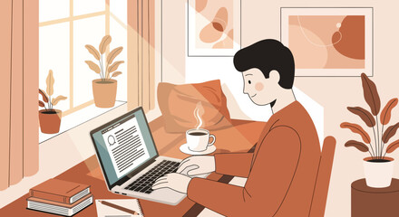 Fototapeta premium Young man working on laptop at home, cozy atmosphere, natural light, plants, coffee
