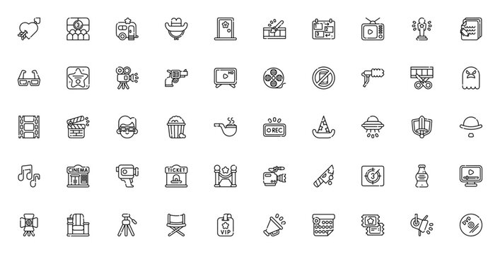 Cinema icon set. Minimal vector icons pack. Featuring heart, theater, trailer, cowboy hat, backstage, color correction, storyboard, film reel, clapperboard, popcorn, microphone, video camera, red carp