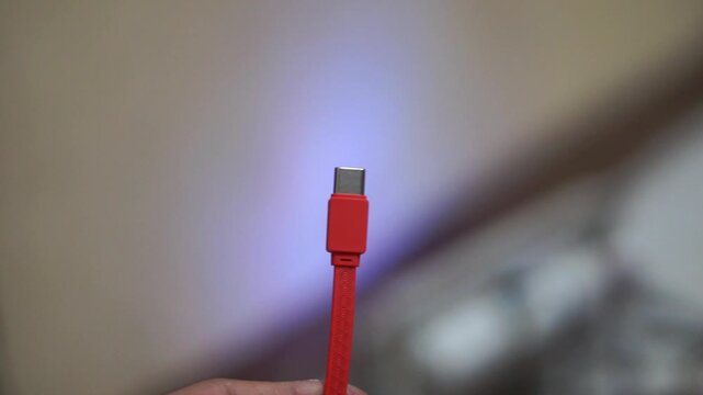 Red USB Type-C charging cable with a modern design for electronic devices and smartphones.	