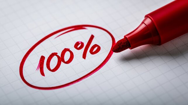 Red marker highlighting a handwritten one hundred percent on graph paper, representing top grading, success, and outstanding performance