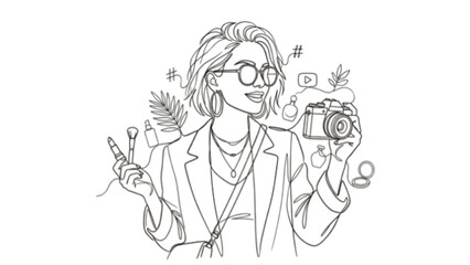 Obraz premium Stylish Influencer Line Art – One Line Drawing of Fashion Accessories, Camera and Beauty Elements, Modern Lifestyle Branding Concept Illustration