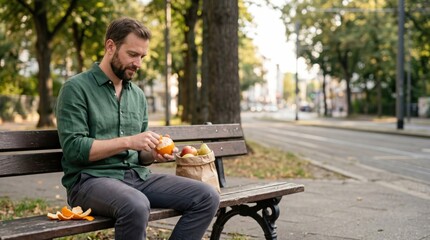 Obraz premium Man peeling orange on park bench shows mindful urban break sensory ritual and outdoor calm concept for lifestyle wellness editorial and stock use daily
