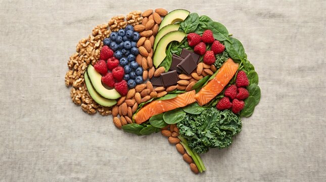 Susunan buah buahan dan sayur sayuran membentuk gambar otak manusia, ilustrasi pola atau mindset hidup sehat