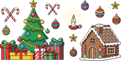 Naklejka premium Christmas scene with a decorated tree gifts candy canes a gingerbread house