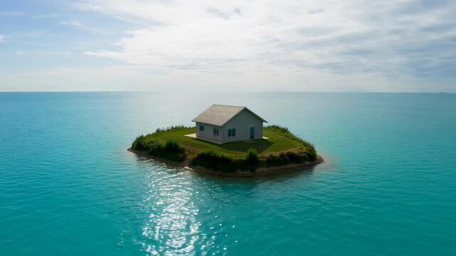 House standing isolated on a small green island surrounded by vast turquoise water. Illustrating climate change impact and property exposure.