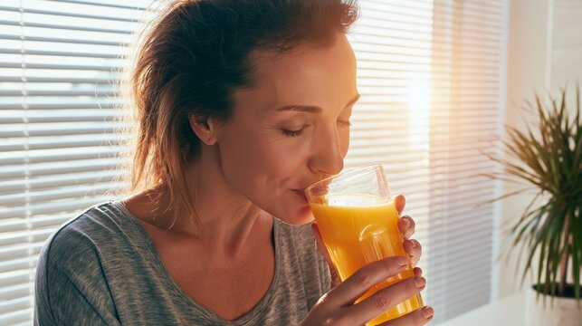 Woman enjoying fresh orange juice in sunlit kitchen, starting her healthy lifestyle morning with natural light
