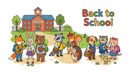 Naklejka premium Back to School Animals: A charming group of anthropomorphic animals, each with backpacks and books, gather in front of a school building, ready to embark on a new academic journey.