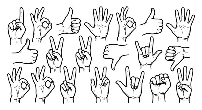 Hand Gesture Icon Set Vector, Finger Signs, Thumbs Up Down, Peace Victory Hand Symbols, Doodle Hand Collection
