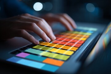 Fototapeta premium Hands Typing on Laptop Representing Software Development Life Cycle with Colorful Arrows Depicting Different Stages from Planning to Launching