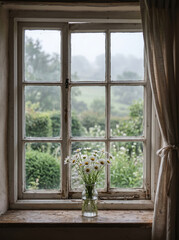 Fototapeta premium Window view of a misty garden with white flowers