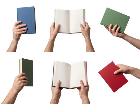 Diverse human hands holding an array of colorful books, open and closed, isolated on a transparent background.