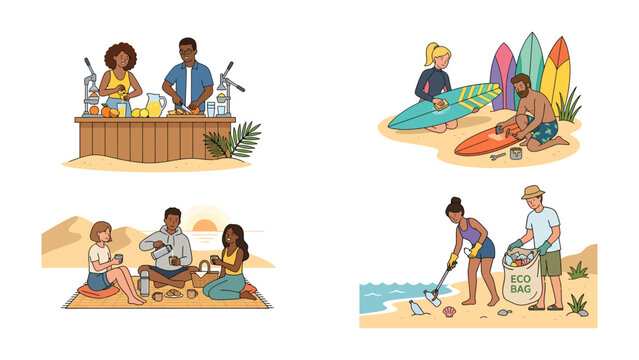 Beach Lifestyle Collage: A vibrant collage depicting various aspects of beach life, including surfing, picnicking, beach cleanup, and enjoying drinks at a beachside bar. A celebration of leisure.