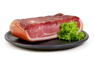 Fototapeta premium Speck Ham with Lettuce on Plate, isolated on white background