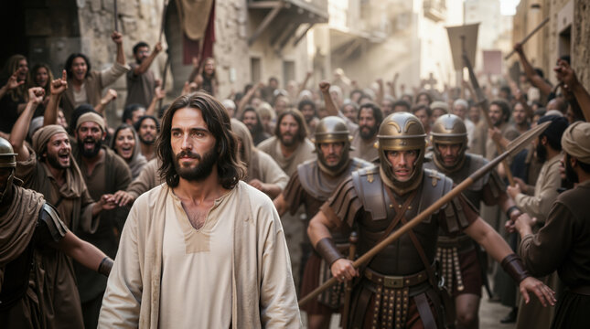 Jesus Christ led by Roman soldiers through a crowd. Historical reenactment of biblical judgment scene