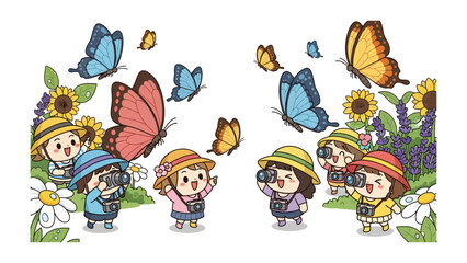 Fototapeta premium Chasing Butterflies: A delightful illustration of children with cameras joyfully interacting with colorful butterflies amidst a field of flowers, capturing moments of wonder and discovery.
