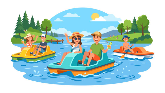 Summer Fun on the Lake: A group of friends enjoys a sunny day paddling on a tranquil lake, surrounded by lush greenery and scenic mountains.