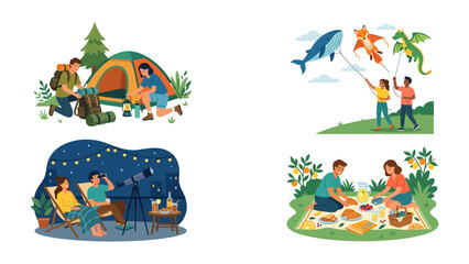 Fototapeta premium Leisure Activities Collage: A vibrant collage showcasing four distinct leisure activities: camping, kite flying, stargazing, and picnicking, representing diverse ways to enjoy free time outdoors.