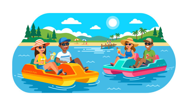 Joyful Summer Pedal Boat Ride: Two couples enjoy a fun-filled summer day, pedaling colorful boats across a sparkling blue lake surrounded by scenic tropical islands and a beach.