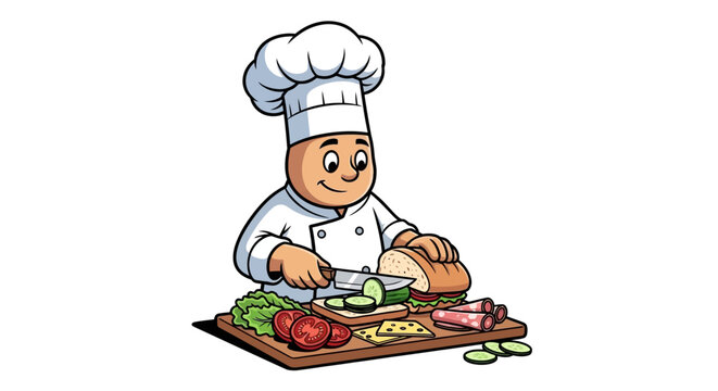 Cartoon chef cutting vegetables on board.