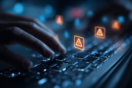Hands typing on laptop keyboard with artificial intelligence symbols and warning alerts on cybersecurity threats displayed on screen