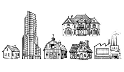 Hand Drawn Building Vector Set with House Skyscraper Barn Mansion Cottage and Factory © labu